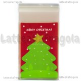 10 buste in plastica  Albero di Natale Merry Christmas con bordo adesivo 10x7cm