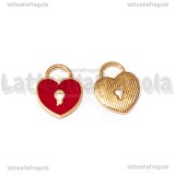 Charm Cuore Lucchetto in metallo dorato smaltato rosso 13x11mm
