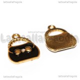 Charm Borsa in metallo dorato smaltato nero con strass 20x16mm