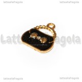 Charm Borsa in metallo dorato smaltato nero con strass 20x16mm