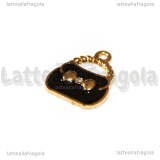 Charm Borsa in metallo dorato smaltato nero con strass 20x16mm