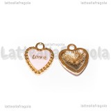 Charm Cuore Love in metallo dorato smaltato rosa 16x13mm