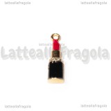 Ciondolo Rossetto in metallo dorato smaltato con strass 26x7mm