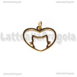 Ciondolo Cuore con Gatto in acciaio inox dorato 21x20mm