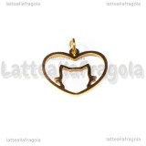 Ciondolo Cuore con Gatto in acciaio inox dorato 21x20mm