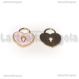 Charm Cuore Lucchetto in metallo dorato smaltato rosa 13x11mm