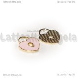 Charm Cuore Lucchetto in metallo dorato smaltato rosa 13x11mm