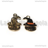 Charm Gatto con cappello in metallo smaltato dorato 24x15mm