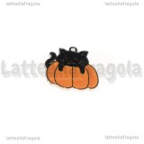 Ciondolo Gatto Nero con Zucca in metallo argentato smaltato 21x20mm
