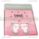 10 buste in plastica Gattini Love con bordo adesivo 13x10cm
