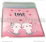 10 buste in plastica Gattini Love con bordo adesivo 13x10cm