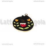 Ciondolo Gatto con Fiore in metallo smaltato dorato 32x27mm