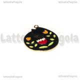 Ciondolo Gatto con Fiore in metallo smaltato dorato 32x27mm