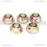 5 Perle in resina sfaccettata fantasia fiori foro largo 14x9mm