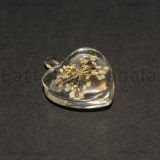 Ciondolo Cuore in vetro con Fiori Bianchi 28x20mm