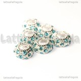 Rondella foro largo puntinata strass azzurri in metallo silver plated 11x5mm