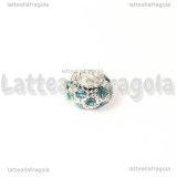 Rondella foro largo puntinata strass azzurri in metallo silver plated 11x5mm